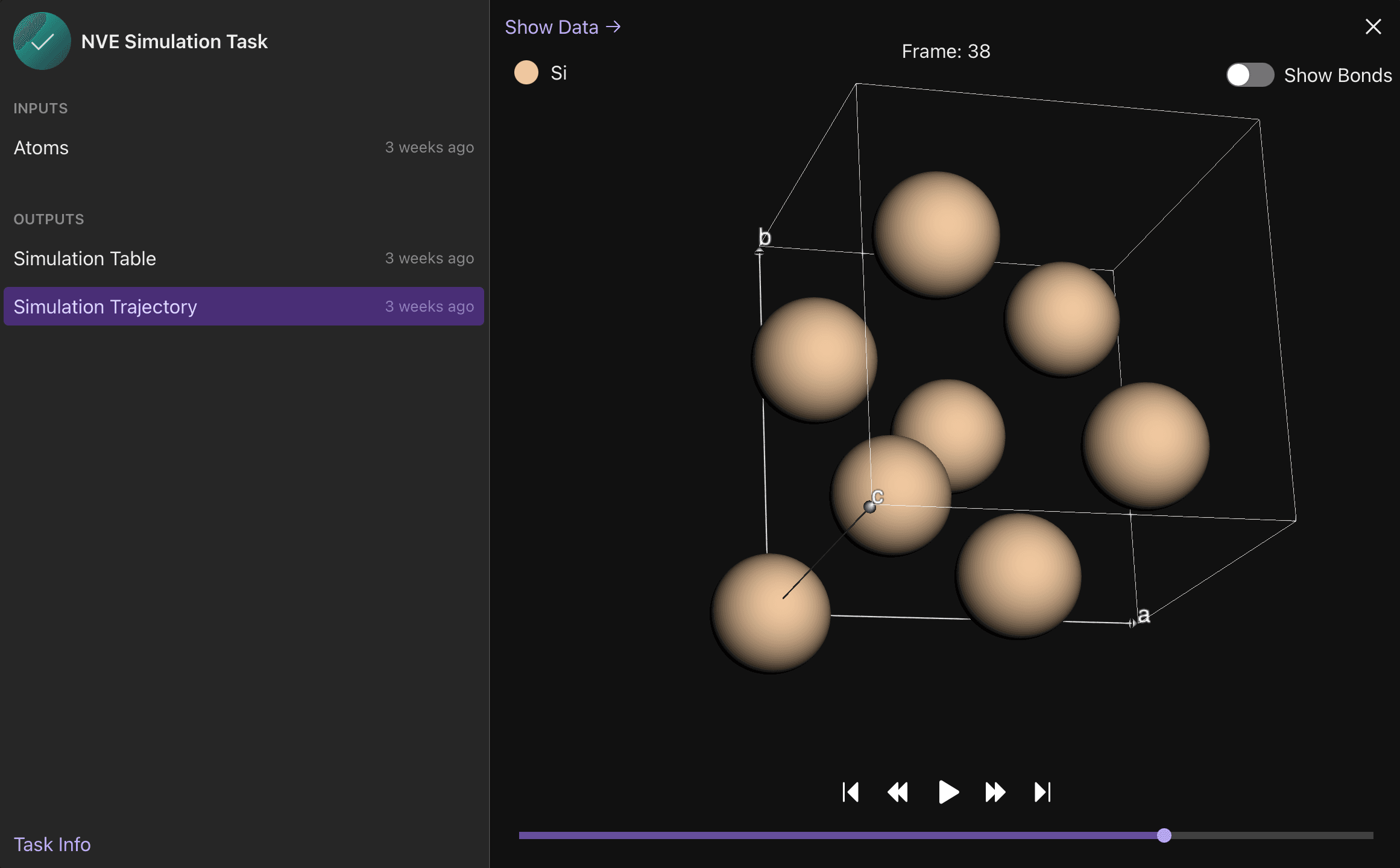 PhinOS simulation task interface showing atomic trajectory playback
